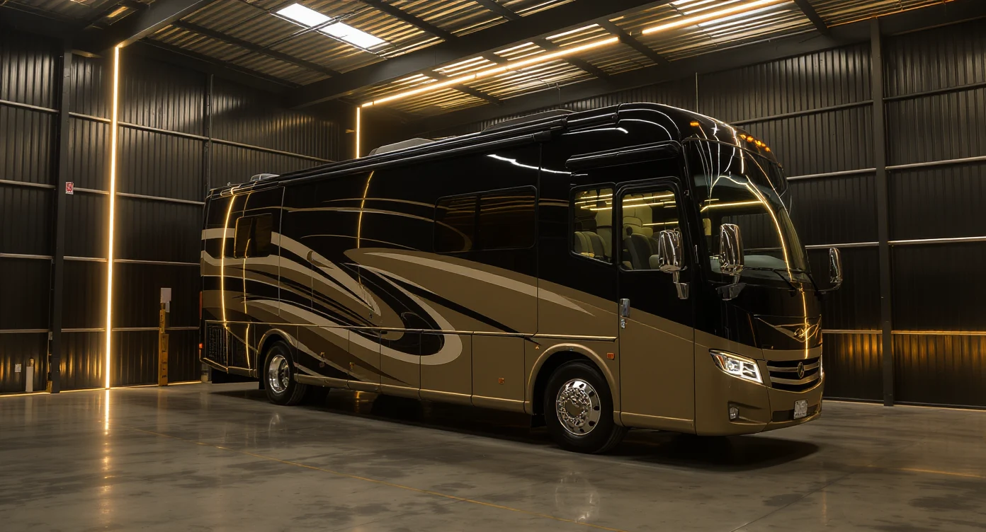 Pristine luxury Class A diesel pusher motorhome with sleek slab-side bodywork inside a fully enclosed 48 ft bay, dramatic golden rim lighting
