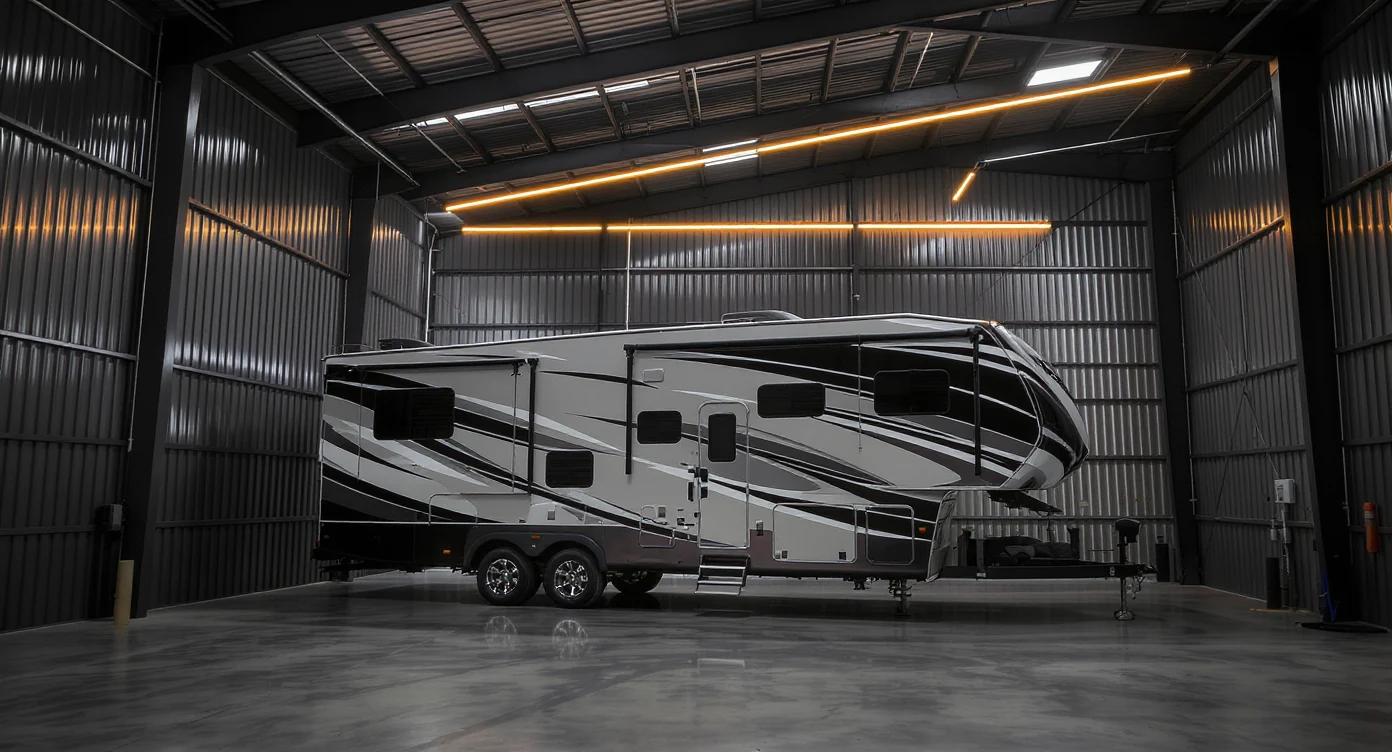Pristine luxury fifth wheel travel trailer with characteristic raised gooseneck nose inside a 48 ft covered bay, warm strip ceiling lighting