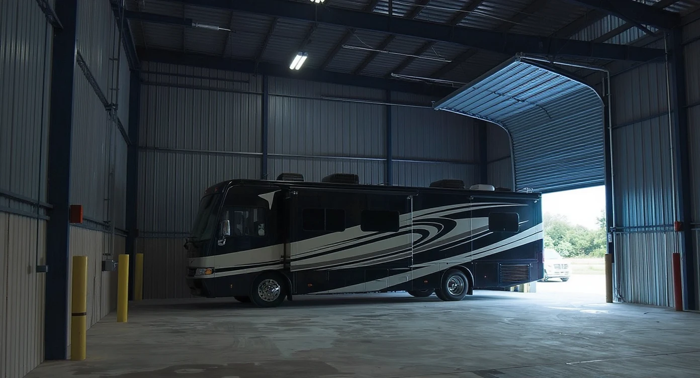 Class A motorhome parked cleanly inside a fully enclosed 40 ft bay