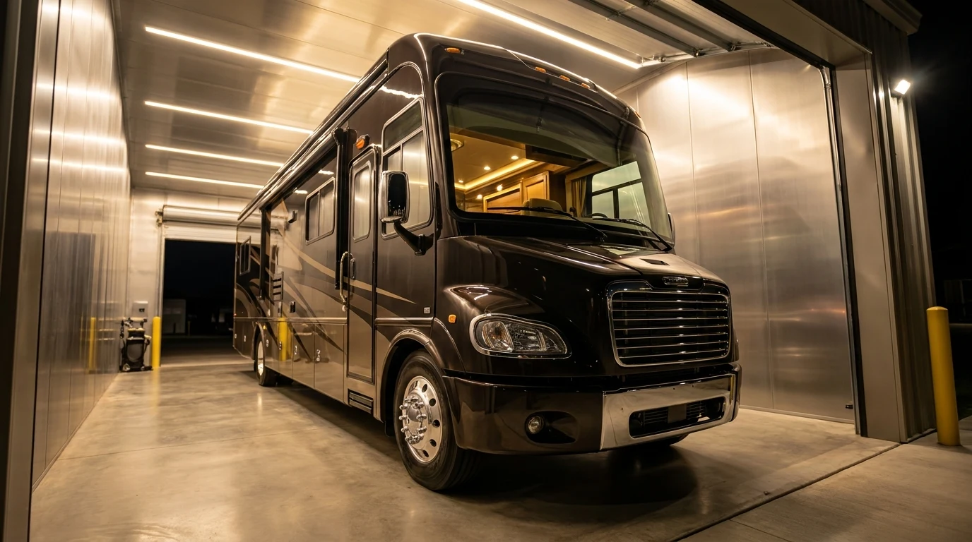 Class A motorhome inside a fully enclosed 48 ft bay at night with warm interior lighting